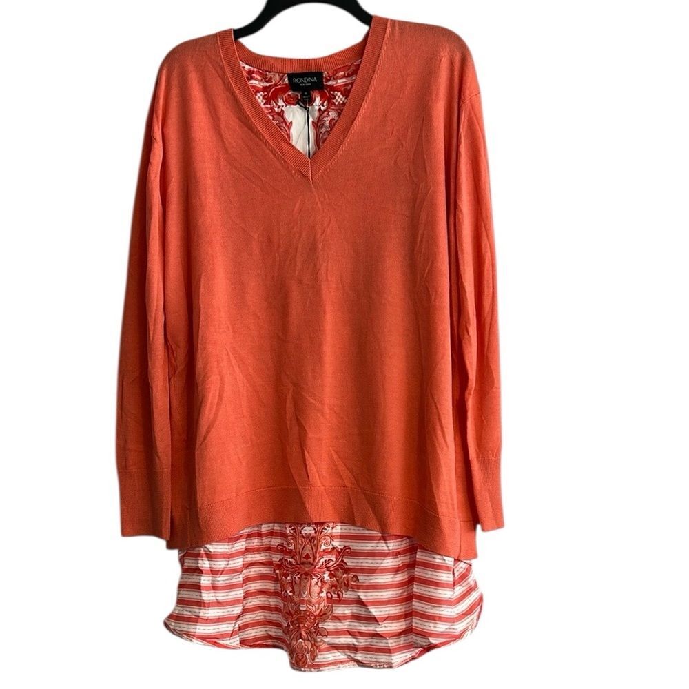 Rondina New York Wool V-Neck Pullover Tunic Sweater With Woven Silk Back XL NWT